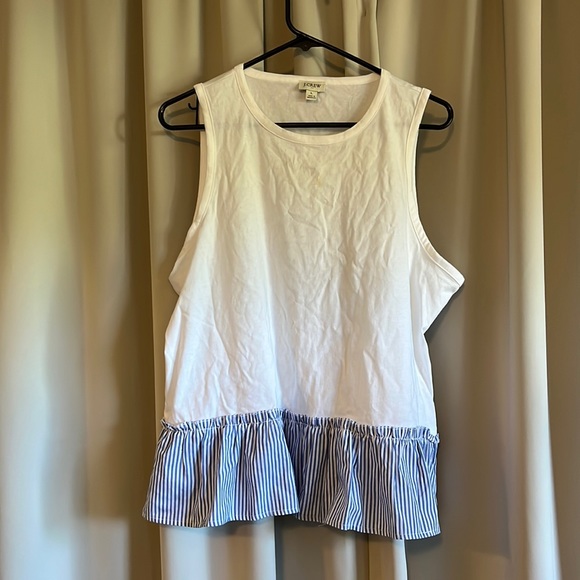 J Crew Size Large White Tank with striped blue ruffle bottom